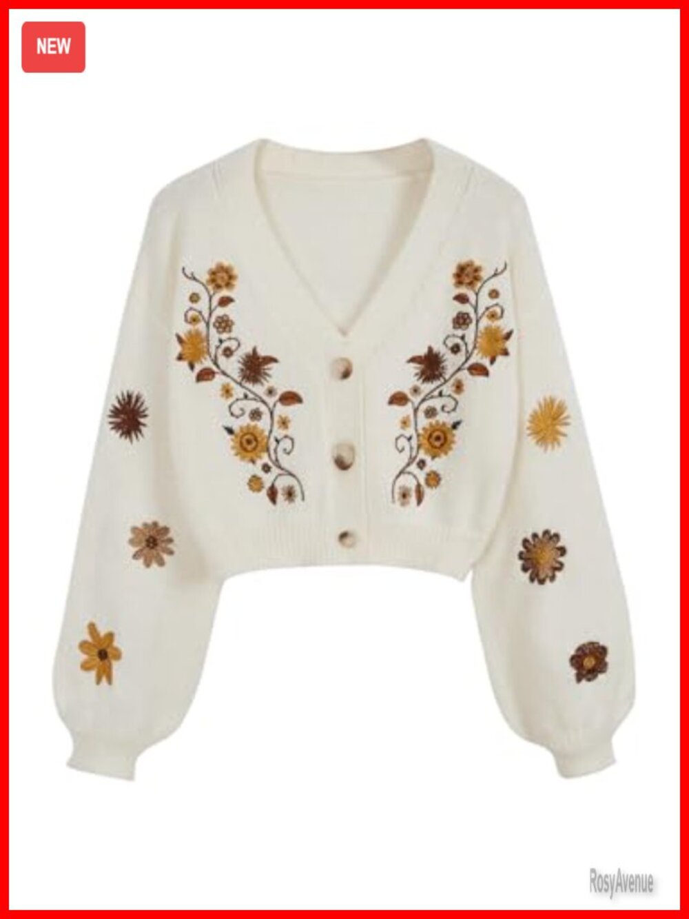 V Neck Floral Embroidered Cropped Cardigan Lantern Sleeve Button